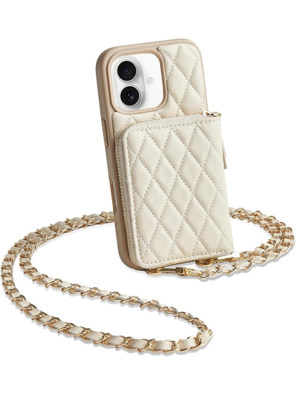 Stylish iPhone 17 Wallet Case with Card Holder & Wrist Strap - Beige Crossbody